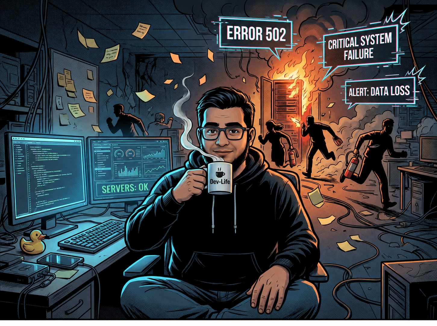 Illustrated portrait of Mohammad Ali Akmal, The Accidental CTO, at his desk while startup chaos unfolds behind him.
