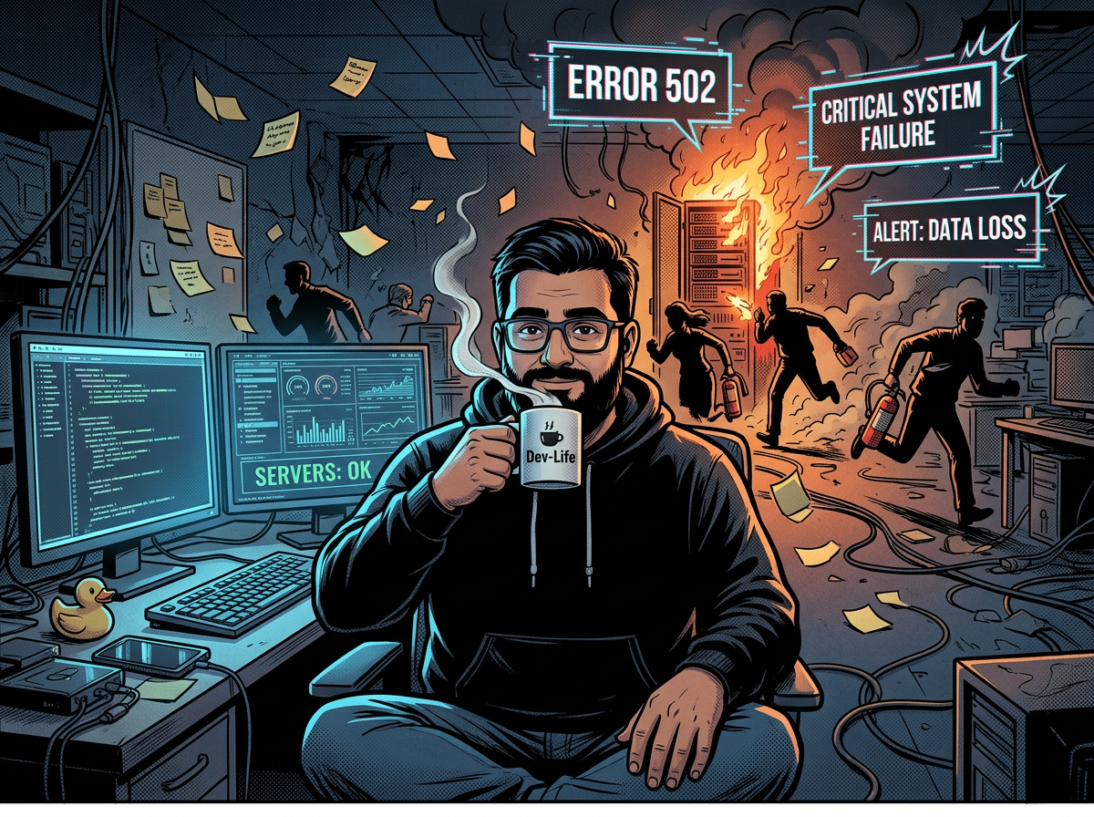 Illustrated portrait of Mohammad Ali Akmal — the Accidental CTO — sipping coffee at his desk while startup chaos unfolds behind him.